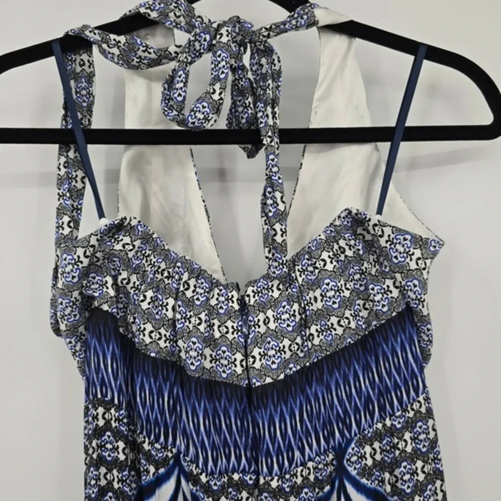 Eva Mendez Maxi Dress‎ Boho Halter Neck Tiered Blue White Floral Size Small - Picture 4 of 10